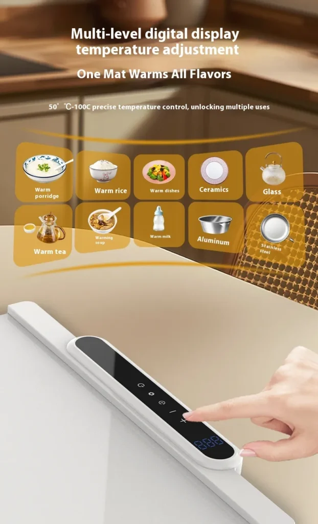 food warming mat – upgraded fast heating silicone electric tray with large touch screen, elevated feet, and roll up design – portable food warmer